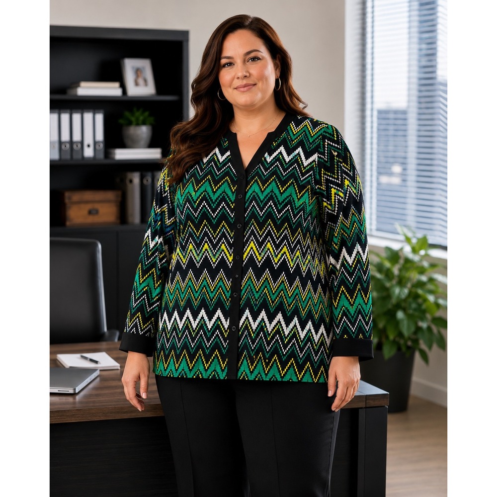 Catherines Womans Sz 1X Blouse Button Front Long Sleeve Green Black Blue Chevron